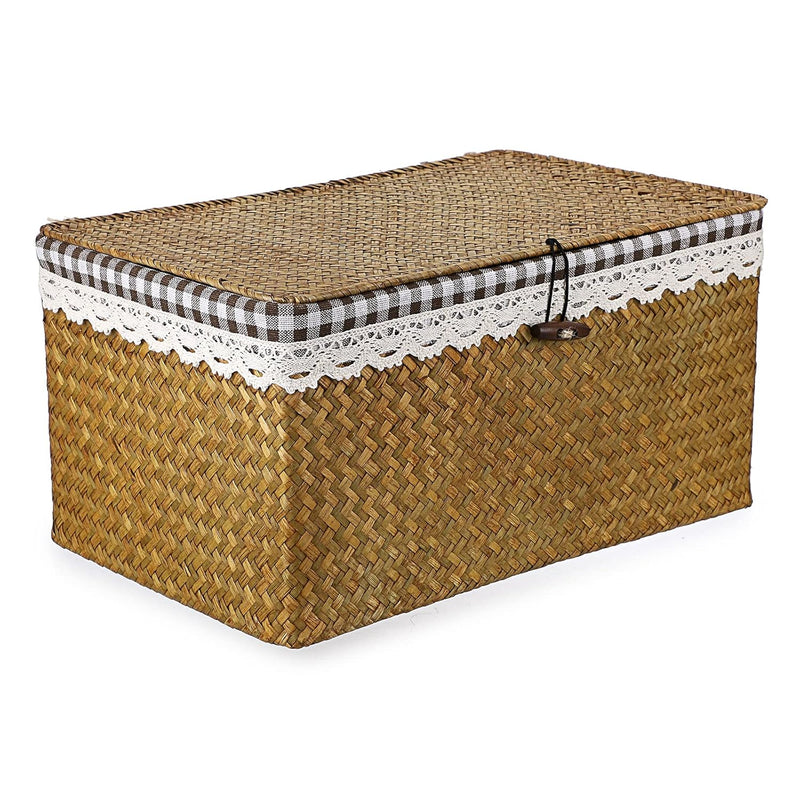 Wicker Storage Basket Bin With Removable Fabric Liner And Lid, Woven Seagrass Sh