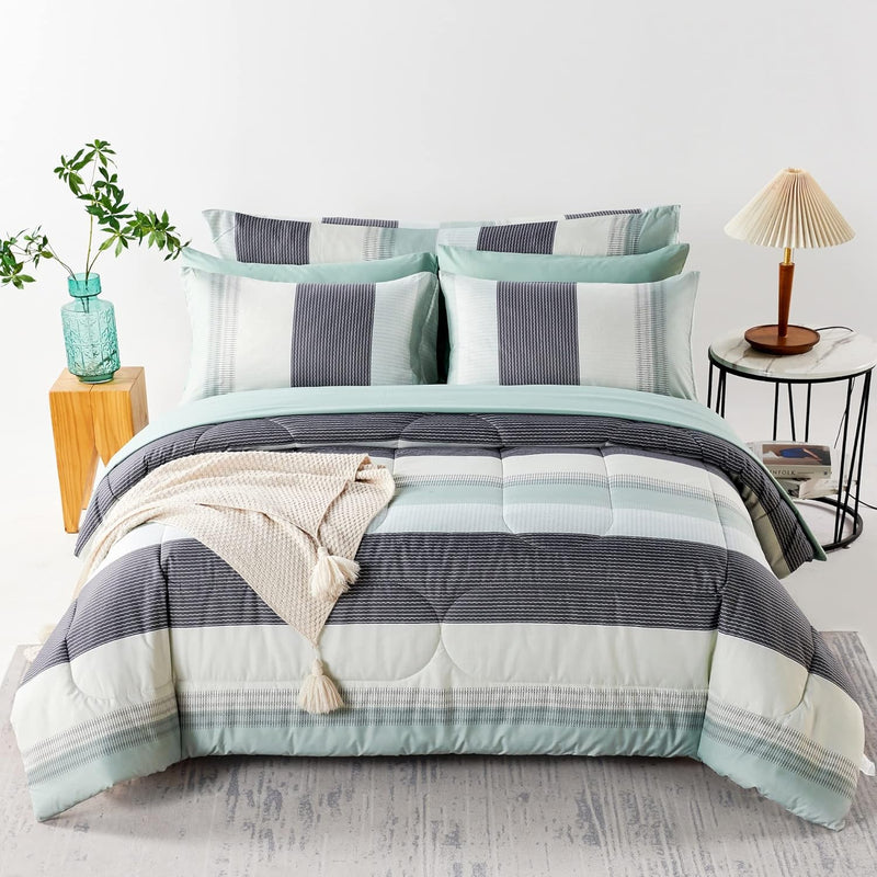 Sage Green Striped Comforter Set, Geometric Lightweight Soft Bedding Set, All