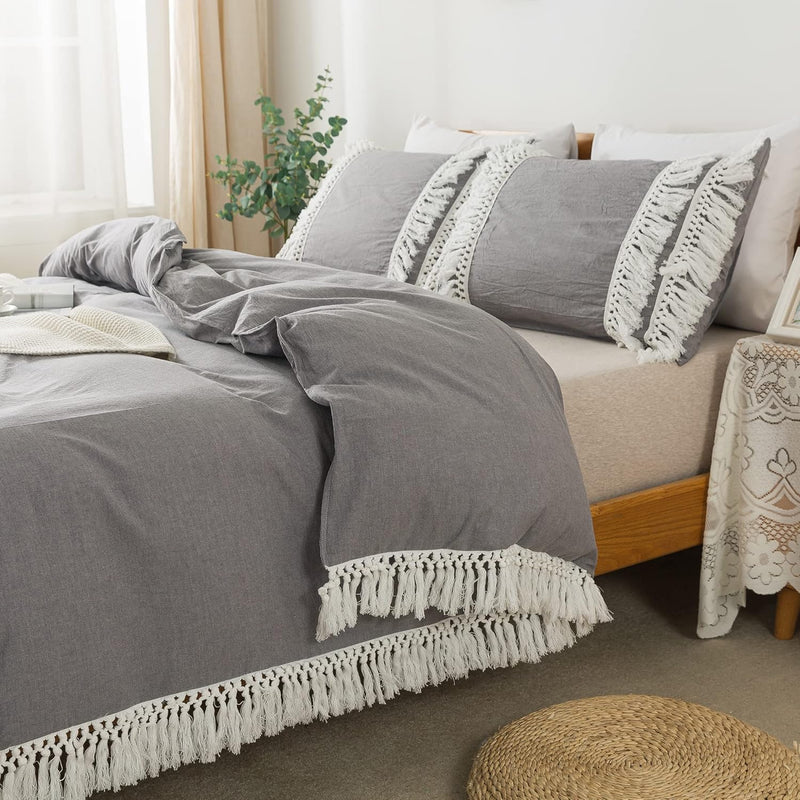 Boho Bedding Tassel Duvet Cover Fringed California King 3 Pcs 100% Washed Cott