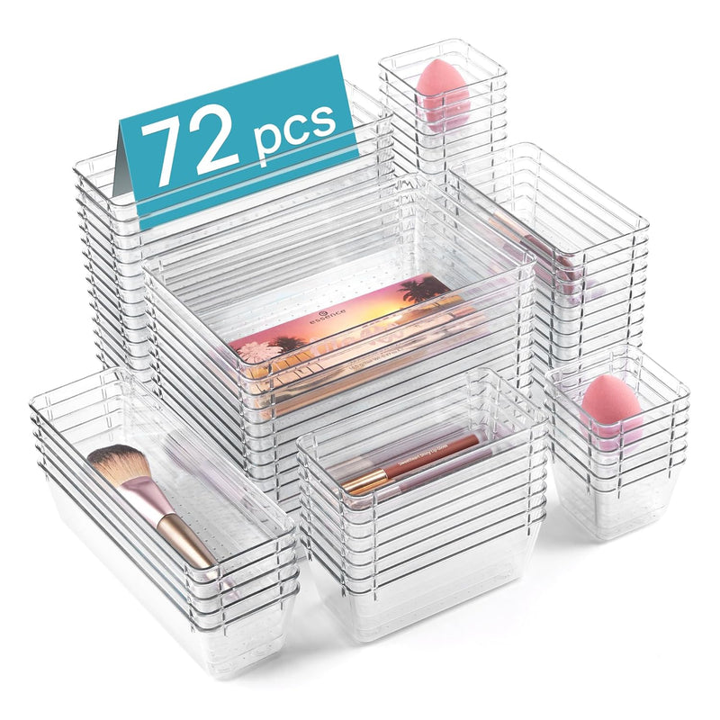 72 Pcs Clear Plastic Drawer Organizers Set, 4-Size Versatile Bathroom And Vanity