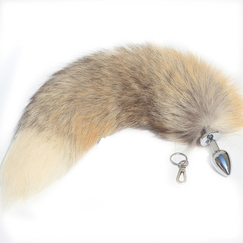 Real Fox Fur Tail Stainless Steel Anal Plug Set - Sensual Adult Toy & Cosplay Accessory (Earth Yellow, Small Plug)