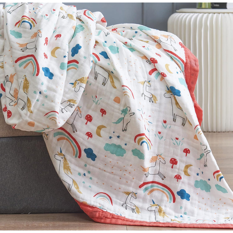 Rainbow Unicorn Playing Happy Muslin Blanket Reversible 100% Cotton 6 Layer Qu