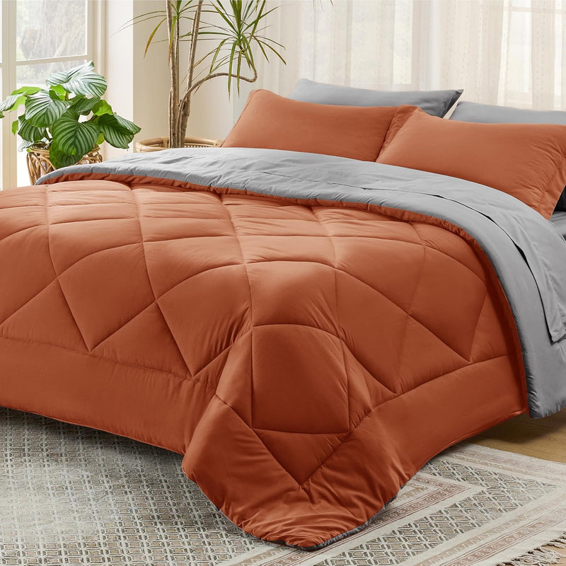 Burnt Orange Queen Comforter Set - 7 Pieces Reversible Queen Bed In A Bag Quee