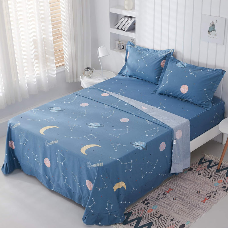 Planet Star Constellation Sheets 100% Cotton Universe Space Bed Sheet Set King