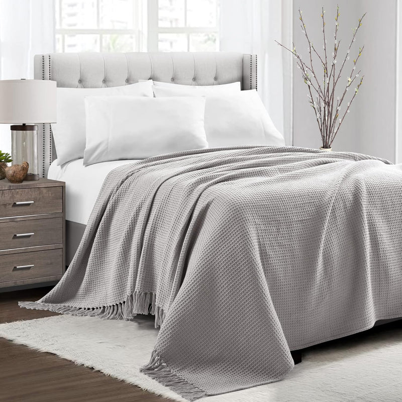 Waffle Cotton Knit Blanket/Coverlet, Full/Queen, Light Gray