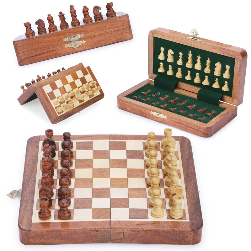 Magnetic Travel Chess Set Handcrafted Acacia Wood, Foldable Board With Eleg