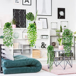 Artificial Hanging Plants for Shelf, 4 Pack Fake Potted Greenery Faux Eucalyptus Vine, Mandala Vine, String of Pearls,Pea pod Leaves in Pot for Office Living Room Bathroom Indoor Outdoor Décor