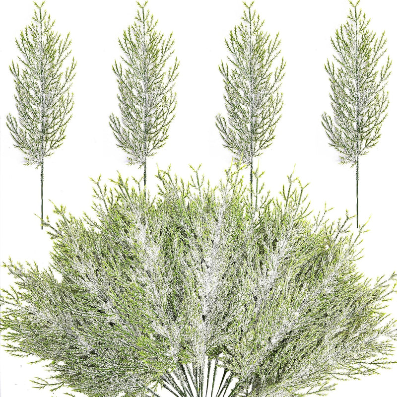 50 Pcs Christmas Snow Frosted Pine Branches- 13.5" Snowy Artificial Pine Needl