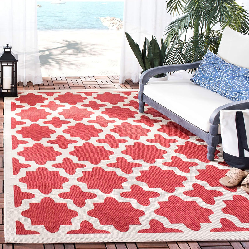 Courtyard Collection 5'3" X 7'7" Red/Bone Cy6913 Indoor/ Outdoor Splashproof E