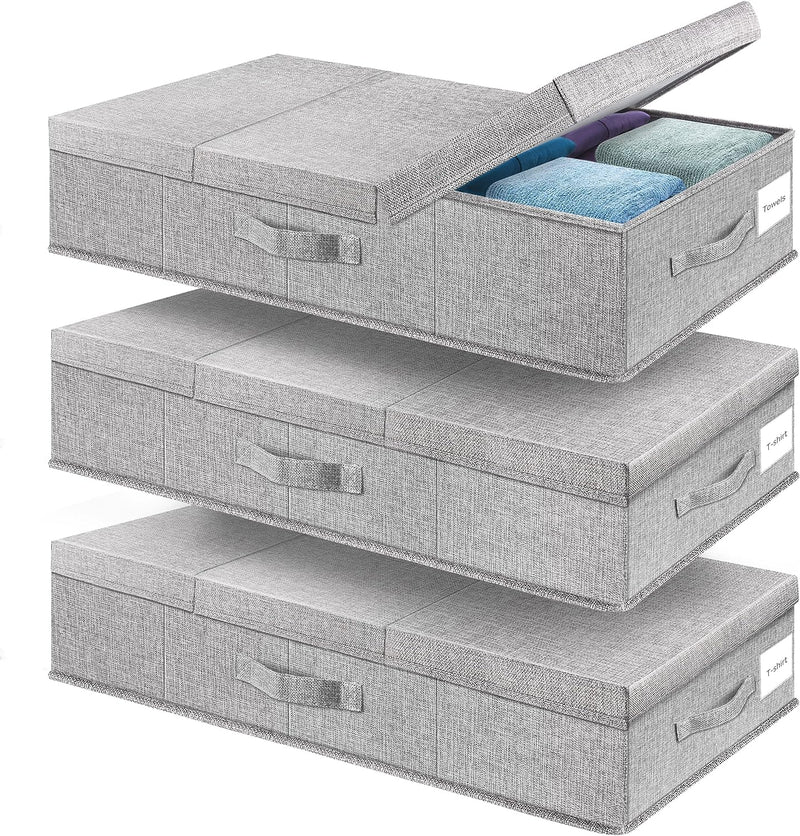 Underbed Storage Containers 3 Pack, Large Under Bed Storage Bins with Lids, Foldable Sturdy Under the Bed Storage Drawer for Organizing Clothes, Shoes, Blankets, Pillows-Grey