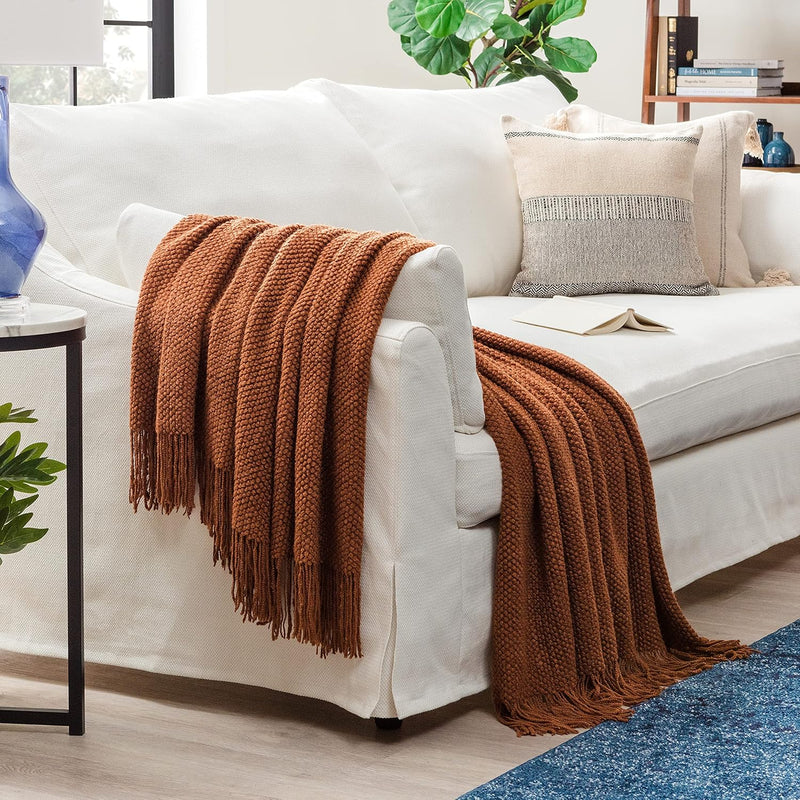 Textured Knitted Rust Brown Throw Blanket With Tassels - Soft Bohemian Farmhou