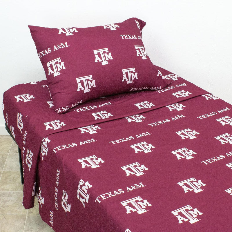 Everything Comfy Texas A&M Aggies King Sized 4 Piece Sheet Set, Team Color Bac