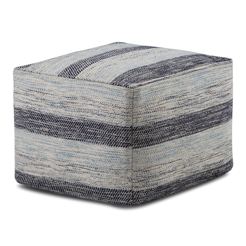 Clay 18 Inch Boho Square Pouf In Patterned Blue Melange Cotton, For The Living