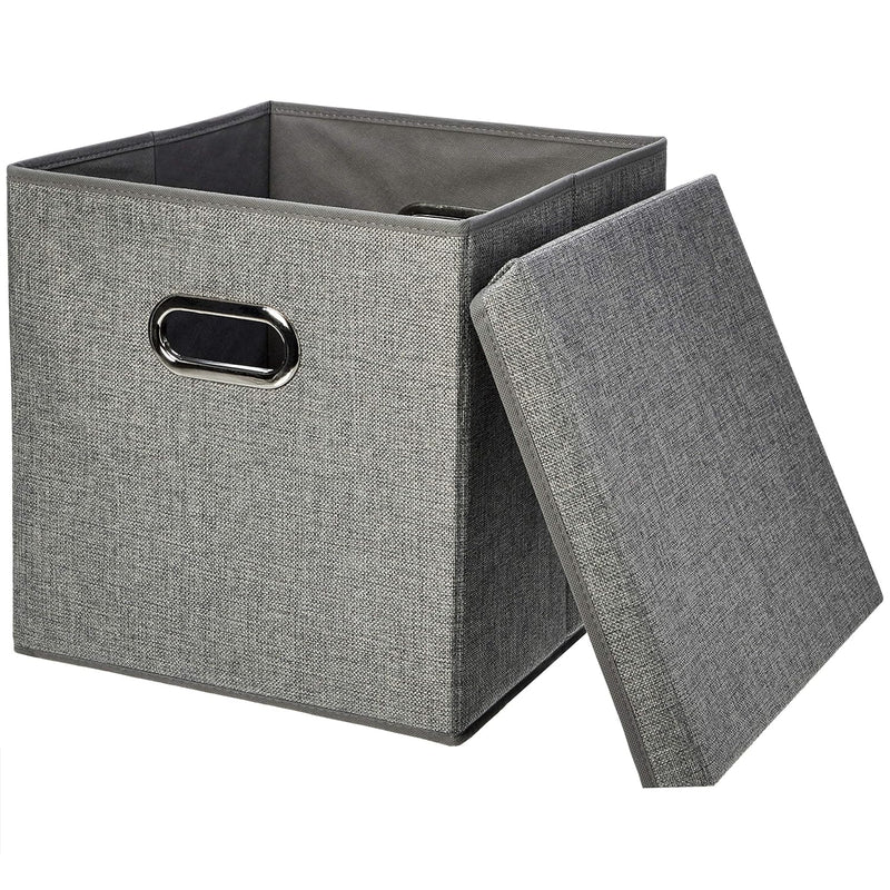 Foldable Burlap Cloth Cube Storage Bin With Lid, Set Of 2