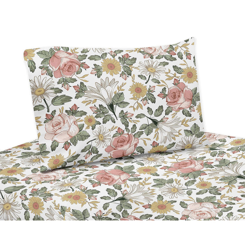 Vintage Floral Boho Twin Sheet Set - 3 Piece Set - Blush Pink, Yellow, Green A