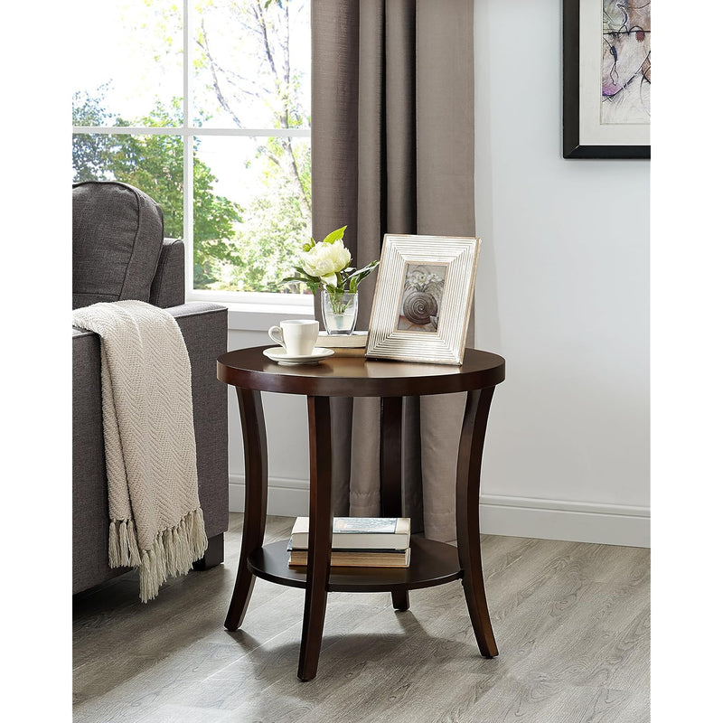 Perth Contemporary Round End Table With Shelf, Espresso