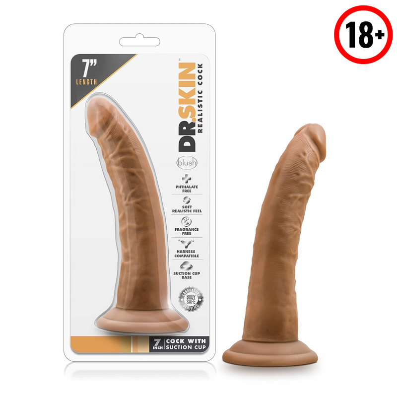 Dr. Skin 7 Inch Realistic Dildo - Soft Lifelike Real Feel - Slim 1.5In. Width - Sturdy Strap On Harness Compatible Suction Cup For Hands Free Play - Body Safe Adult - Mocha
