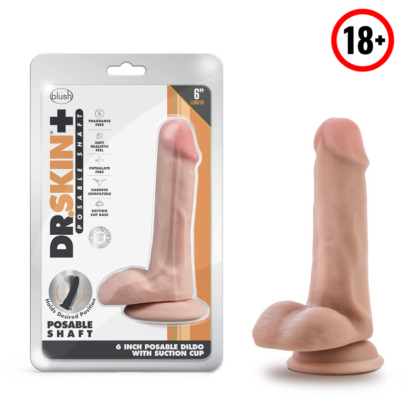 Dr Skin Plus 6 Inch Soft Posable Dildo - Suction Cup O Ring Strap On Harness Compatible - Realistic Small Dildo Sex Toy For Women Men Couples - Vanilla