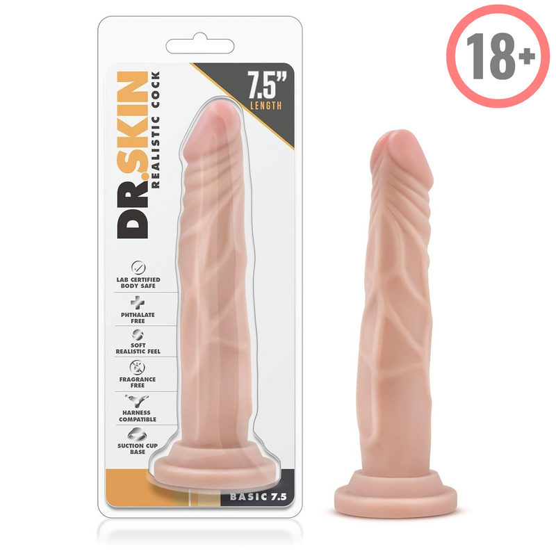 Dr. Skin - 7 Inch Realistic Slim Dildo Suction Cup Harness Compatible For Pegging Women Men - Beige