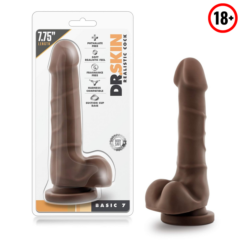 Dr. Skin Basic 7-7 3/4 Inch Soft Slim Shaft Comfortable Realistic Dildo - Beginners Intermediate Suction Cup Harness Compatible Adult Toys - Sex Toy For Couples - Brown