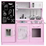 Pretend Play Kitchen Wooden Toy Set For Kids With Telephone, Utensils, Oven, Microwave - Pink