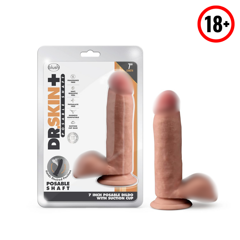 Dr Skin Plus 7 Inch Soft Posable Dildo - Suction Cup O Ring Strap On Harness Compatible - Realistic Medium Dildo Sex Toy For Women Men Couples - Mocha