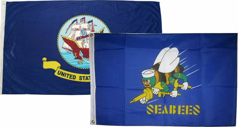 3X5 3'X5' Wholesale Combo Set U.S. Navy Ship & Navy Seabees Blue Flags Flag