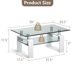 Costway Rectangle Glass Coffee Table Metal Legs End Table w/ Shelf Home White