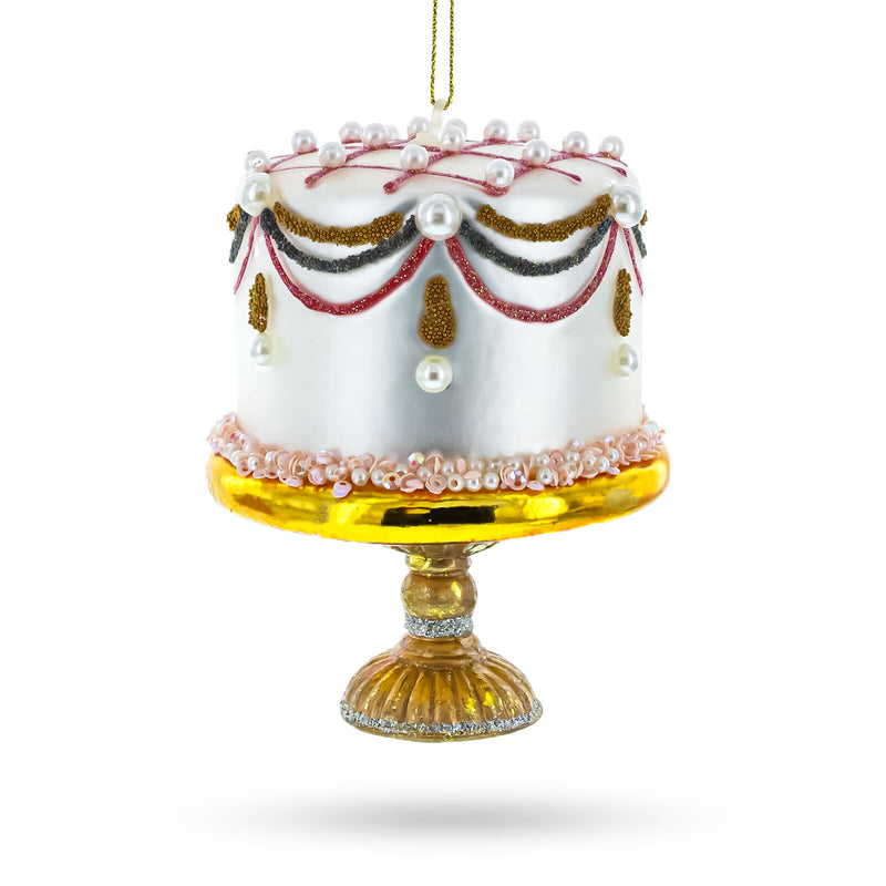 Pearl-Adorned Celebration Cake - Blown Glass Christmas Ornament