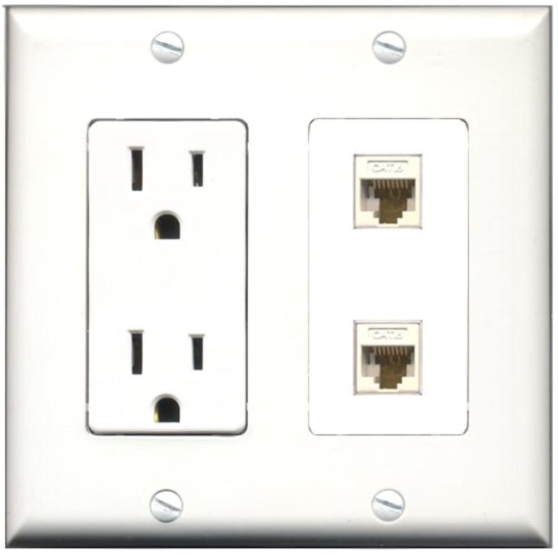 Riteav 15 Amp Power Outlet 2 Port Cat6 Ethernet White Decorative Wall Plate