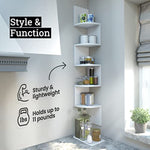 5 Tier Wall Mount Corner Shelves Rustic White Finish 7 75 L X 7 75 W X 48 5 H