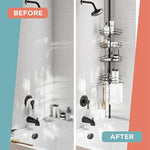 4 Adjustable Shelves with Towel Bar and Hooks with Tension Pole for Bath and Shower Storage