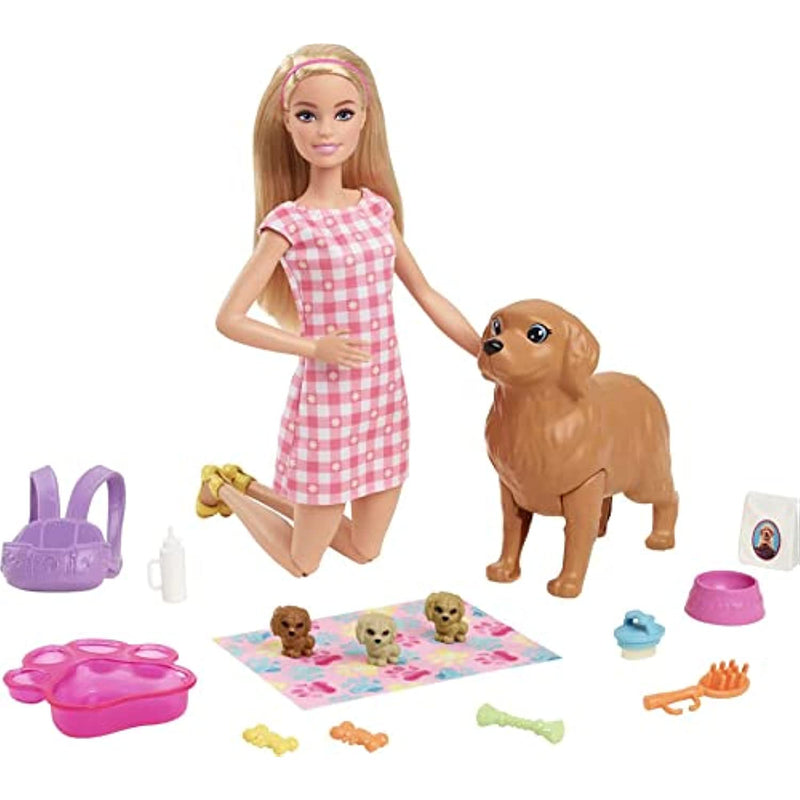 Blonde Doll With Mommy Dog 3 Newborn Puppies With Color Change Feature And Pet Accessories