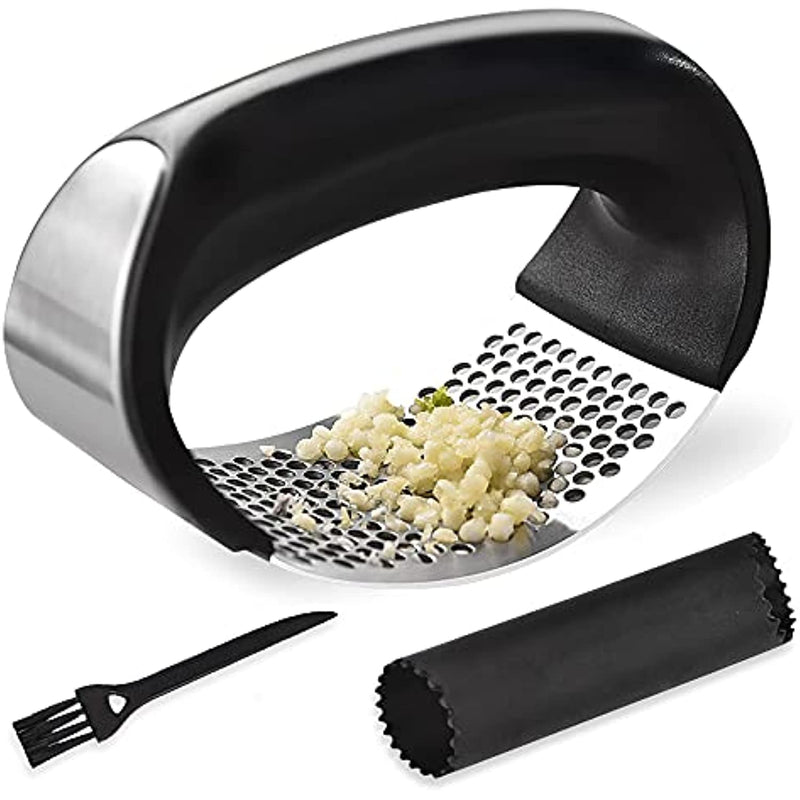 Garlic Press Stainless Steel With Free Silicone Garlic Peeler And Cleaning Brush