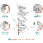 4 Adjustable Shelves with Towel Bar and Hooks with Tension Pole for Bath and Shower Storage