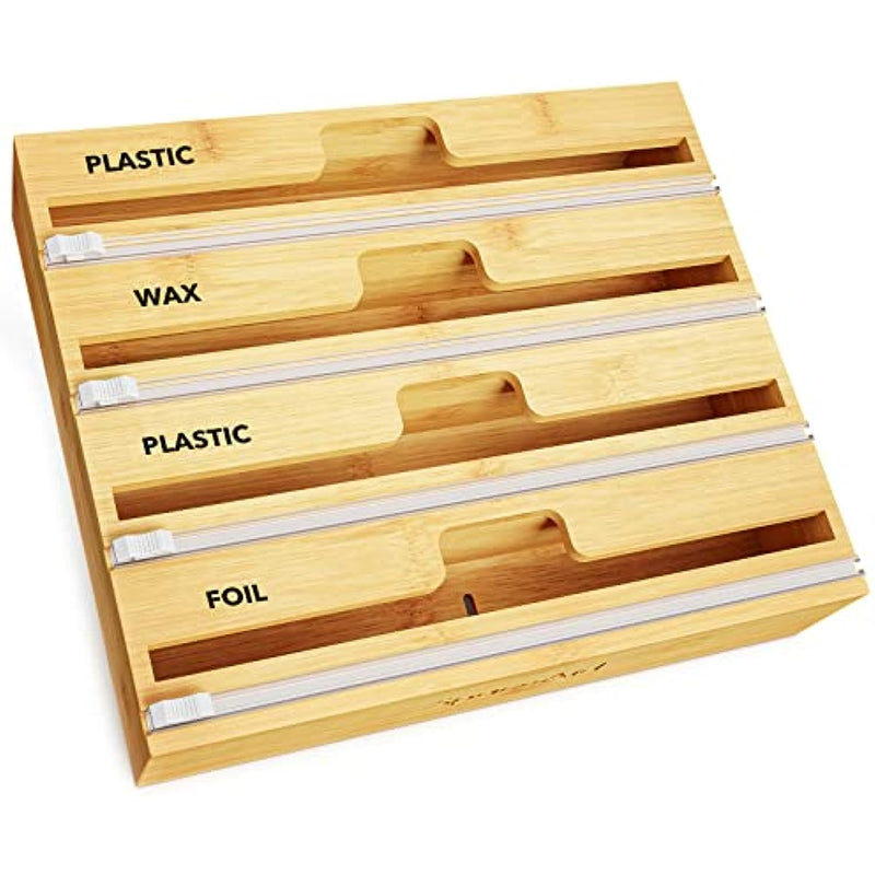 Bamboo Wrap Organizer with Cutter and Labels for Kitchen Storage Organization Holder for