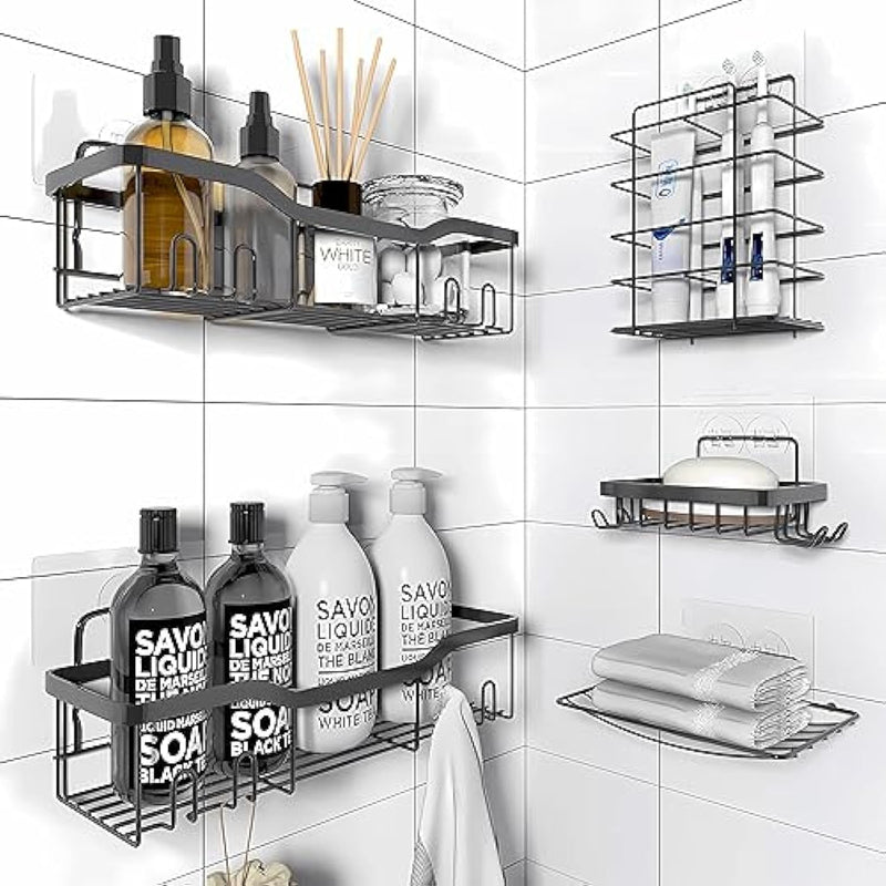 5 Pack Shower Organizer Rack Shelf With Soap Caddy & Toothbrush Holder No Drilling - Black
