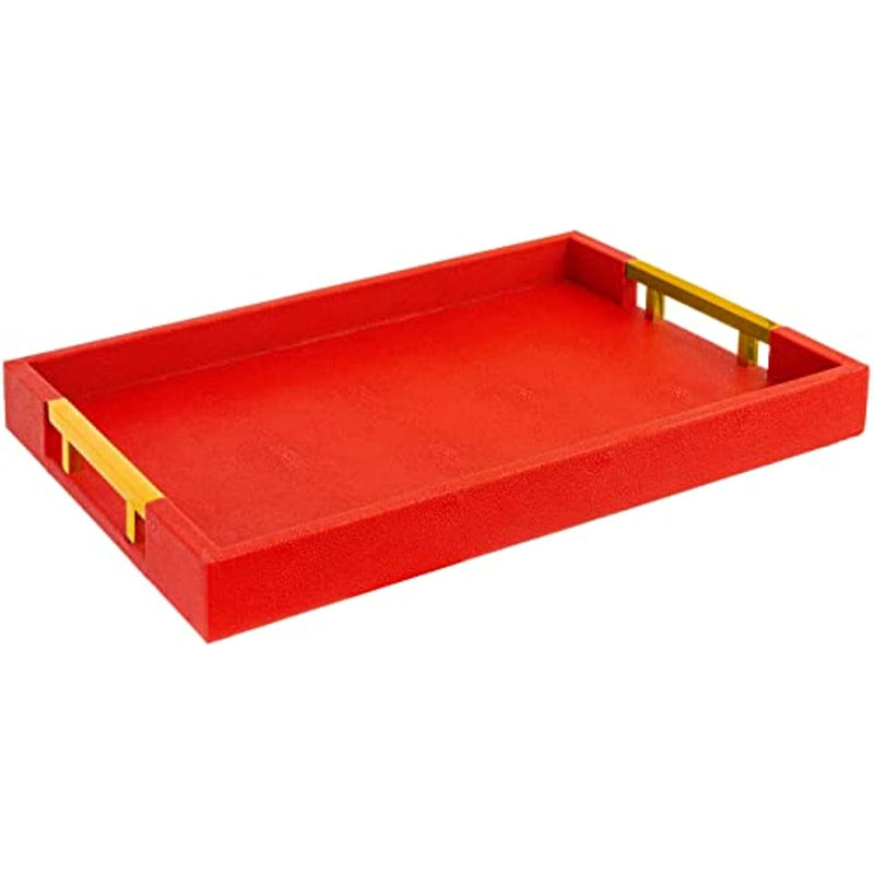 Rectangle Red Shagreen Decorative Ottoman Serving Tray With Gold Polished Metal Handles