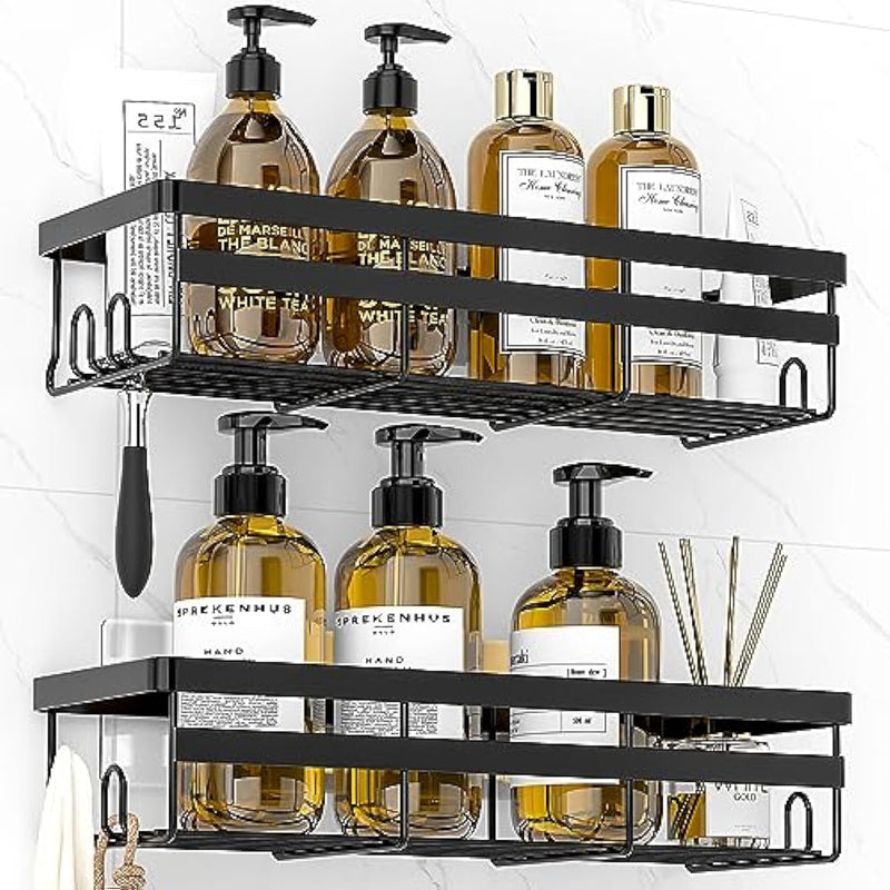 2 Pack Adhesive Black Bathroom Organizers With Hooks