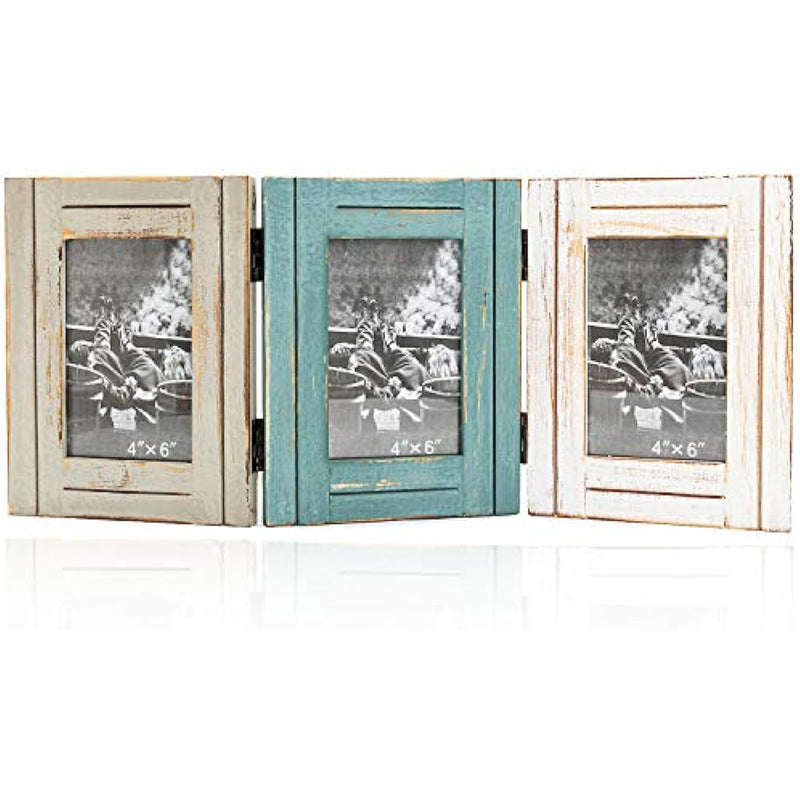 Picture Frame 3 Folding 4X6 Hinged Triple Distressed Photo Frame for Home Office Desk