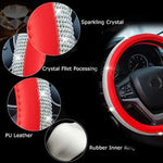 Universal Leather Steering Wheel Cover with Bling Bling Crystal Rhinestones,  Fit 15 & 16 Inch Anti Slip Wheel Protector