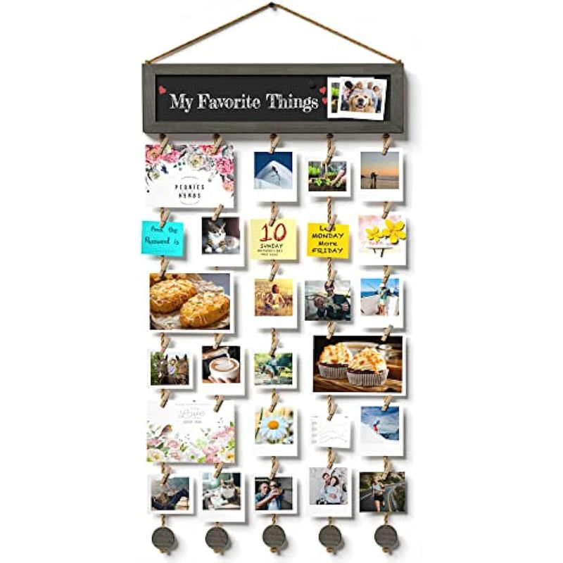 Collage Wall Decor Photo Display Wood Photo Board with 30 Clips Adjustable Twines and Blackboard for Multi Pictures Organizer