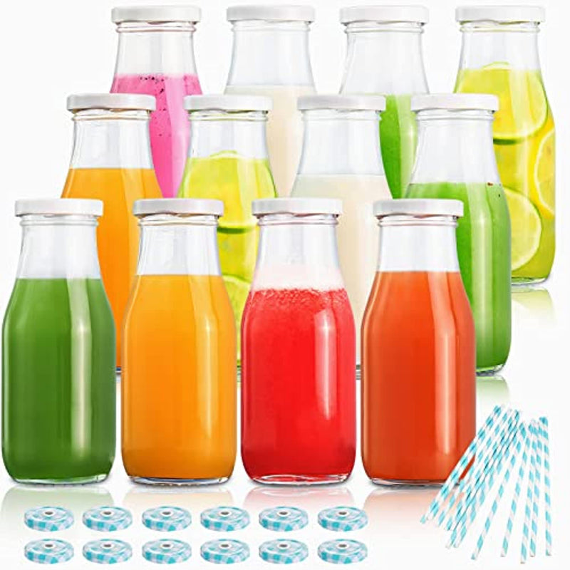 11Oz Glass Milk Bottles With Reusable Metal Twist Lids And Straws