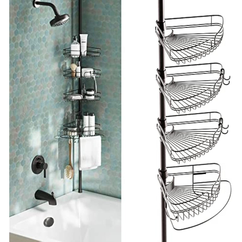 4 Adjustable Shelves with Towel Bar and Hooks with Tension Pole for Bath and Shower Storage