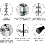 4 Adjustable Shelves with Towel Bar and Hooks with Tension Pole for Bath and Shower Storage