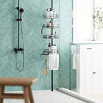 4 Adjustable Shelves with Towel Bar and Hooks with Tension Pole for Bath and Shower Storage