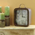 Large Square Rustic Metal Table Top Clock With Handle And Rivet Detail