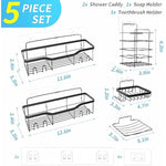 5 Pack Shower Organizer Rack Shelf With Soap Caddy & Toothbrush Holder No Drilling - Black