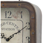Large Square Rustic Metal Table Top Clock With Handle And Rivet Detail