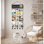 Collage Wall Decor Photo Display Wood Photo Board with 30 Clips Adjustable Twines and Blackboard for Multi Pictures Organizer